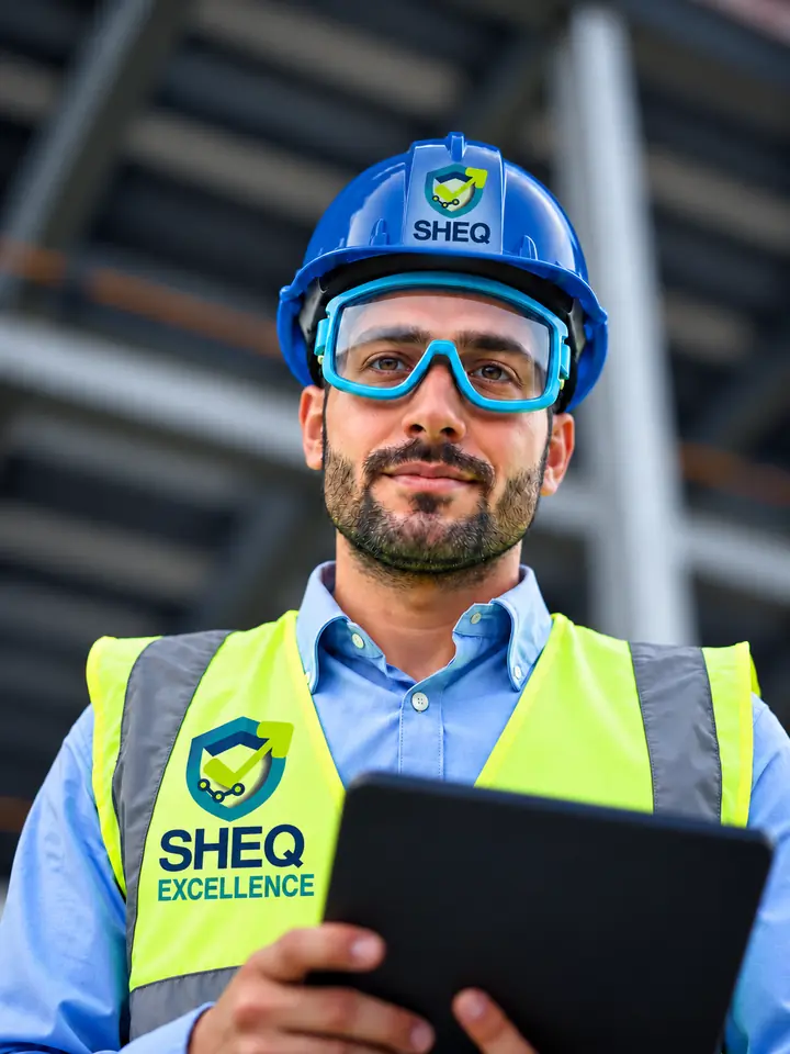 Illustrative construction site professional in SHEQ branded safety clothing